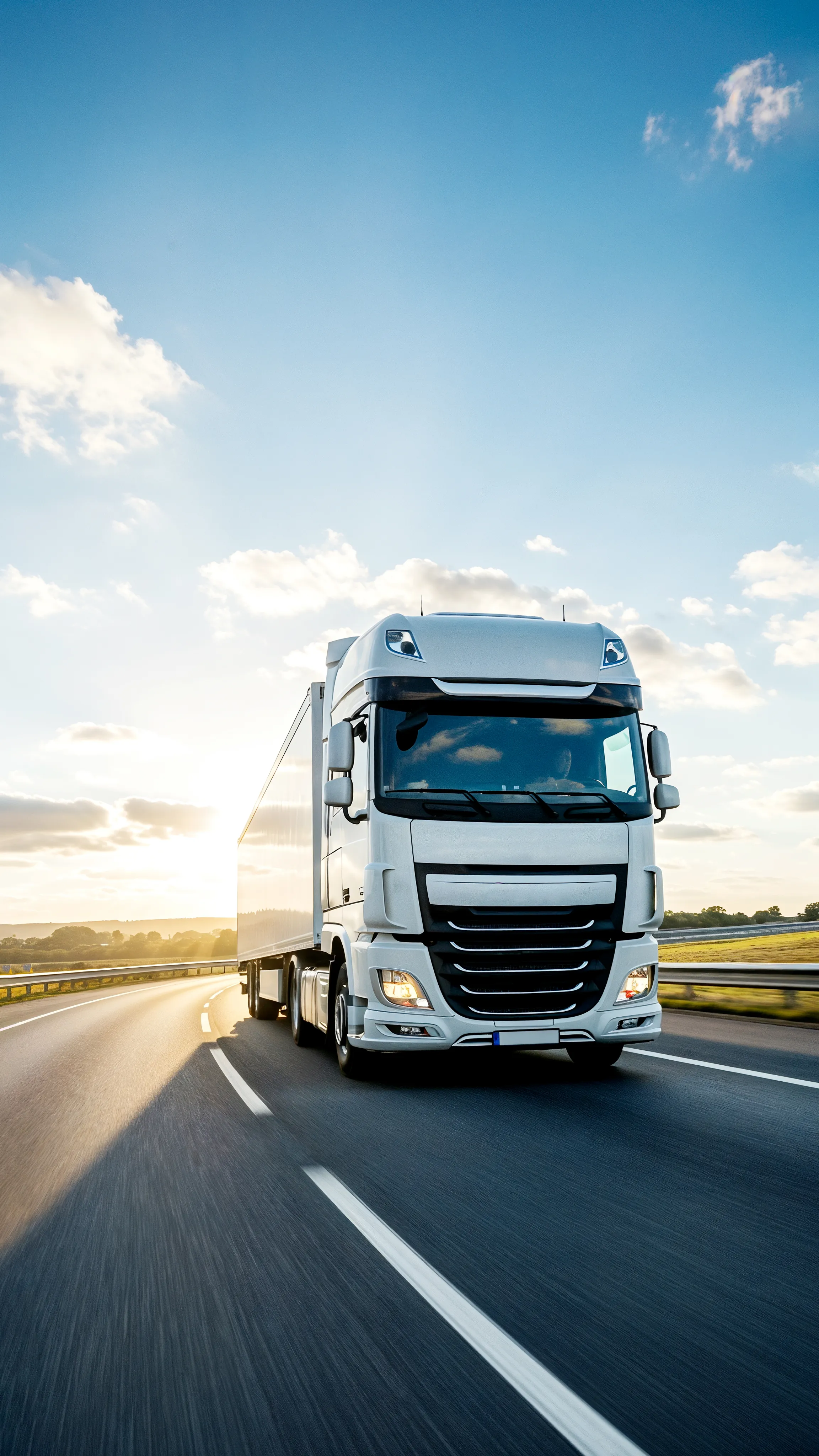White semi truck driving on a sunny highway for delivery